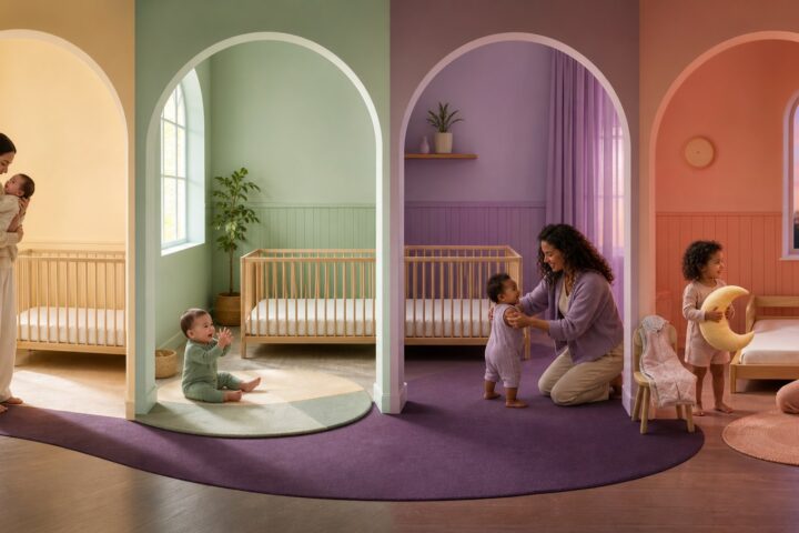 Four pastel nursery arches show caregivers with children progressing from young infant to toddler beside safe empty sleep spaces