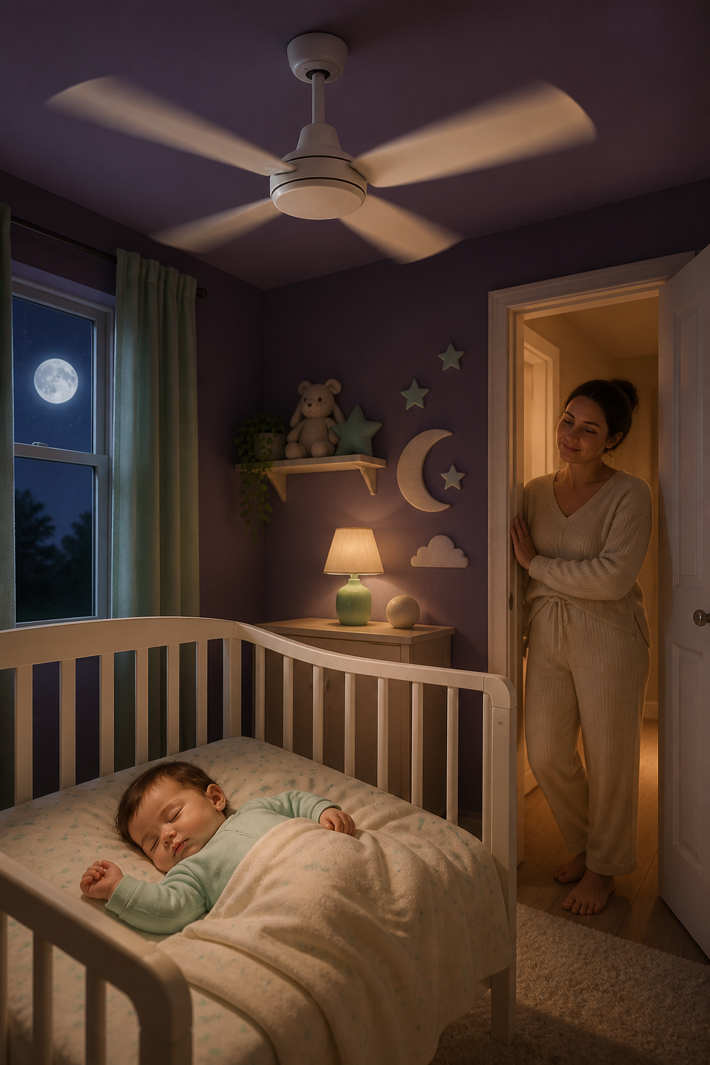 Sleeping baby in a crib beneath a slowly spinning ceiling fan while a parent looks in from the doorway.