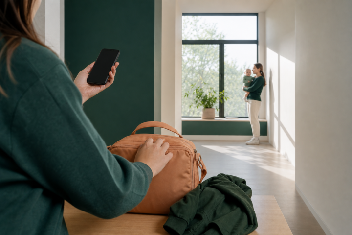 Caregiver holds a phone beside a packed bag while another adult holds an infant by the window.