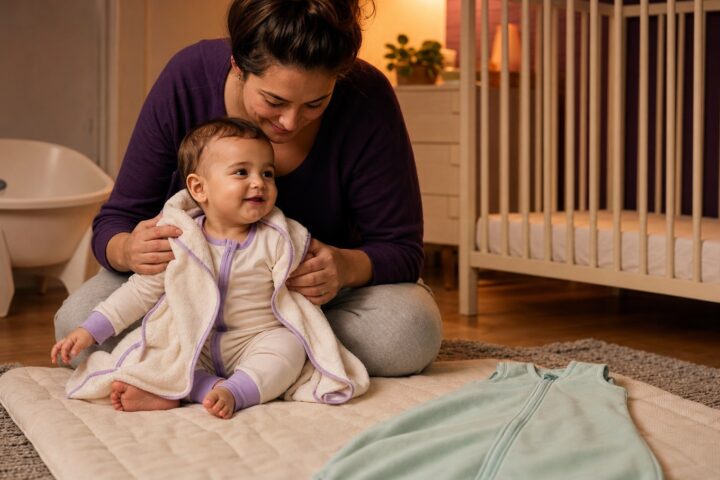 Caregiver drying an awake baby after a finished bath beside a mint sleep sack and bare crib