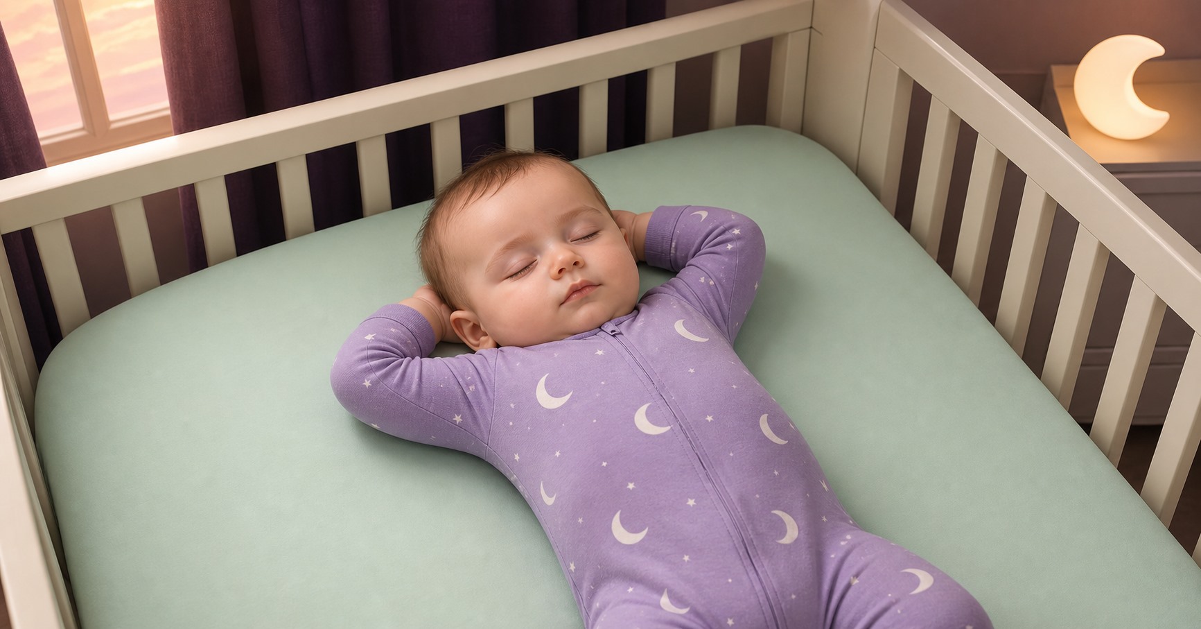A baby in lavender moon pajamas sleeps on the back in an empty crib with both hands resting behind the head.