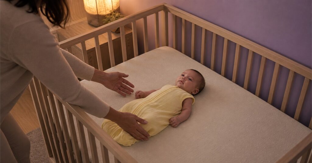 Caregiver placing an awake baby on her back in a bare wooden crib with a fitted sheet.