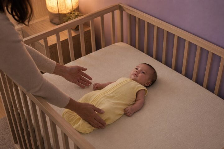 Caregiver placing an awake baby on her back in a bare wooden crib with a fitted sheet.