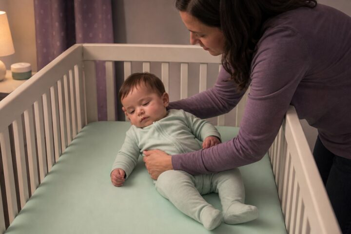 Caregiver supporting a drowsy baby while repositioning them onto their back in a bare crib