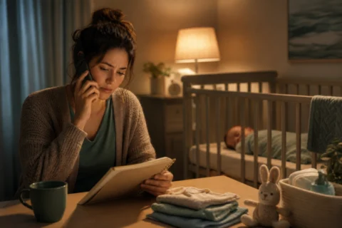 Parent on the phone beside a crib while a baby sleeps in the background.