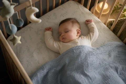 Baby sleeping on their back in a crib with both arms raised above the head.