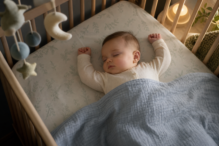 Baby sleeping on their back in a crib with both arms raised above the head.