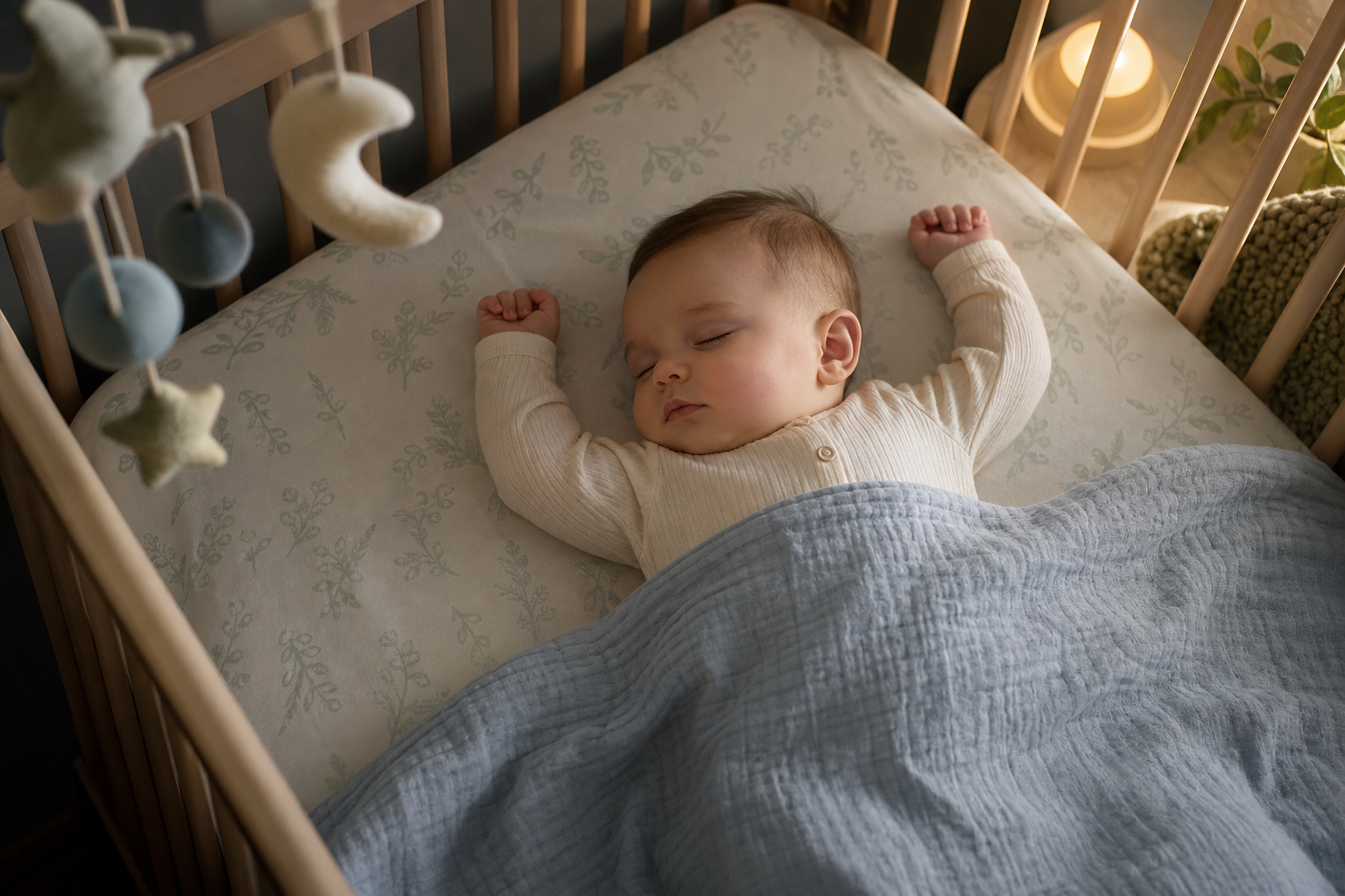 Baby sleeping on their back in a crib with both arms raised above the head.