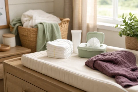 Stacked diapers and wipes on a tidy changing table beside a folded blanket