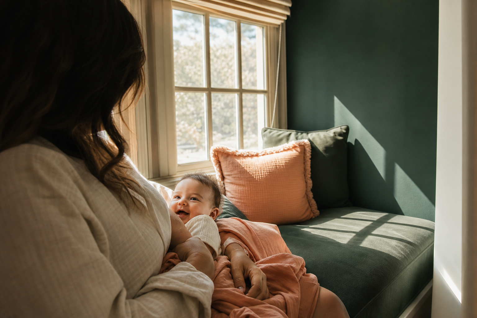 Editorial scene illustrating why babies smile during nursing – a guide for new parents in a bright home setting.