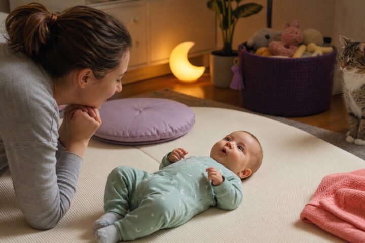 Awake baby cooing on a cream play mat while a caregiver listens and a cat sits safely several feet away