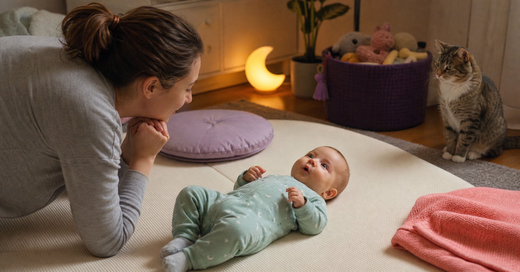 Awake baby cooing on a cream play mat while a caregiver listens and a cat sits safely several feet away