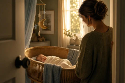 Parent standing beside a wicker bassinet and looking at a sleeping baby in warm sunlight.