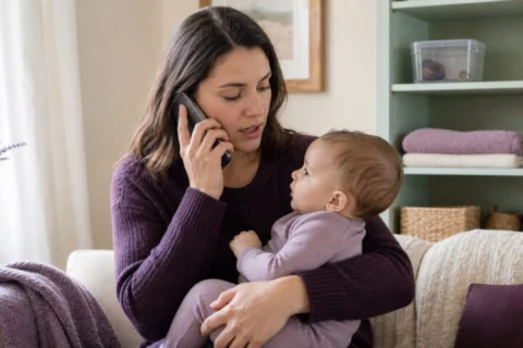 Mother holding her awake baby while calling for medical advice with a quarter secured in a lidded box on a high shelf