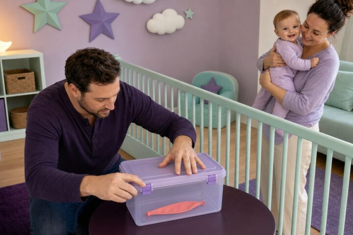 Father latches a lavender box containing one uninflated coral balloon while mother holds a smiling baby behind a mint gate.