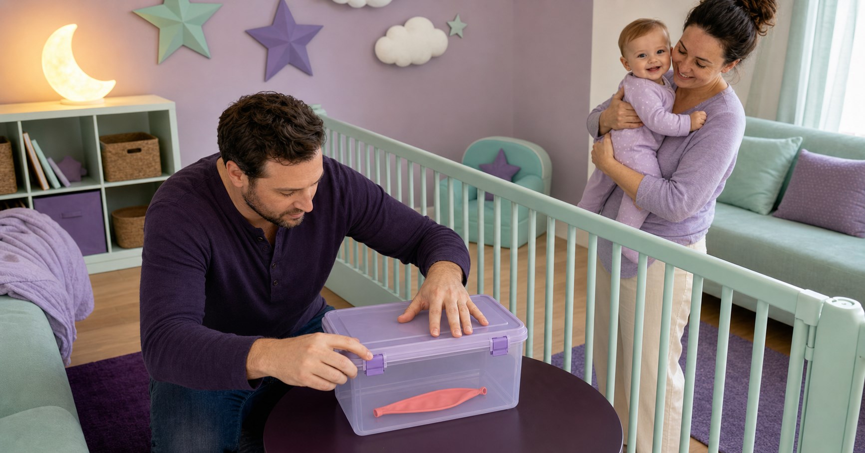 Father latches a lavender box containing one uninflated coral balloon while mother holds a smiling baby behind a mint gate.