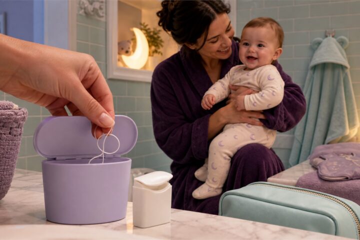 An adult hand puts loose dental floss into a lavender bin while a caregiver holds a smiling baby in moon-print pajamas.