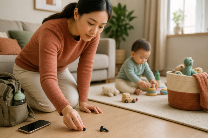 Parent kneeling beside a baby play mat and picking up a small earbud tip from the floor.