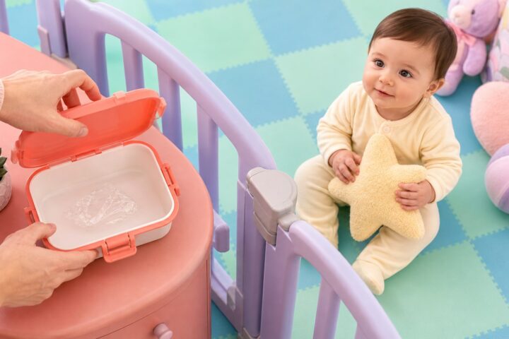 Caregiver closing a clear plastic wrapper inside a coral box while an awake baby holds a plush star behind a lavender gate