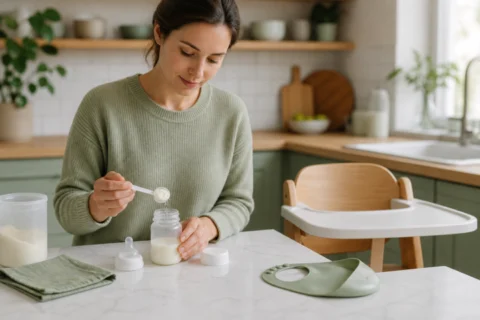 A parent measuring formula at a kitchen counter beside a baby high chair and bib.