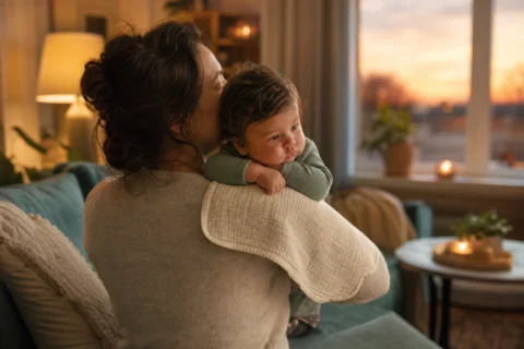 A parent holding a baby upright on the shoulder with a burp cloth in a softly lit living room.
