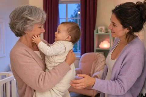 A baby in a cream sleep sack touches their grandmother's cheek while the baby's mother reaches toward them in a nursery doorway.