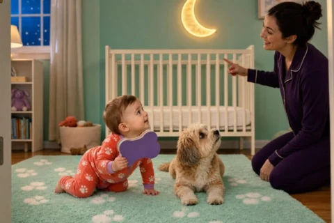 Baby in coral paw-print pajamas crawling beside a calm family dog while a parent supervises near a bare crib