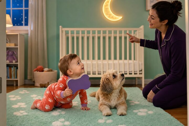 Baby in coral paw-print pajamas crawling beside a calm family dog while a parent supervises near a bare crib