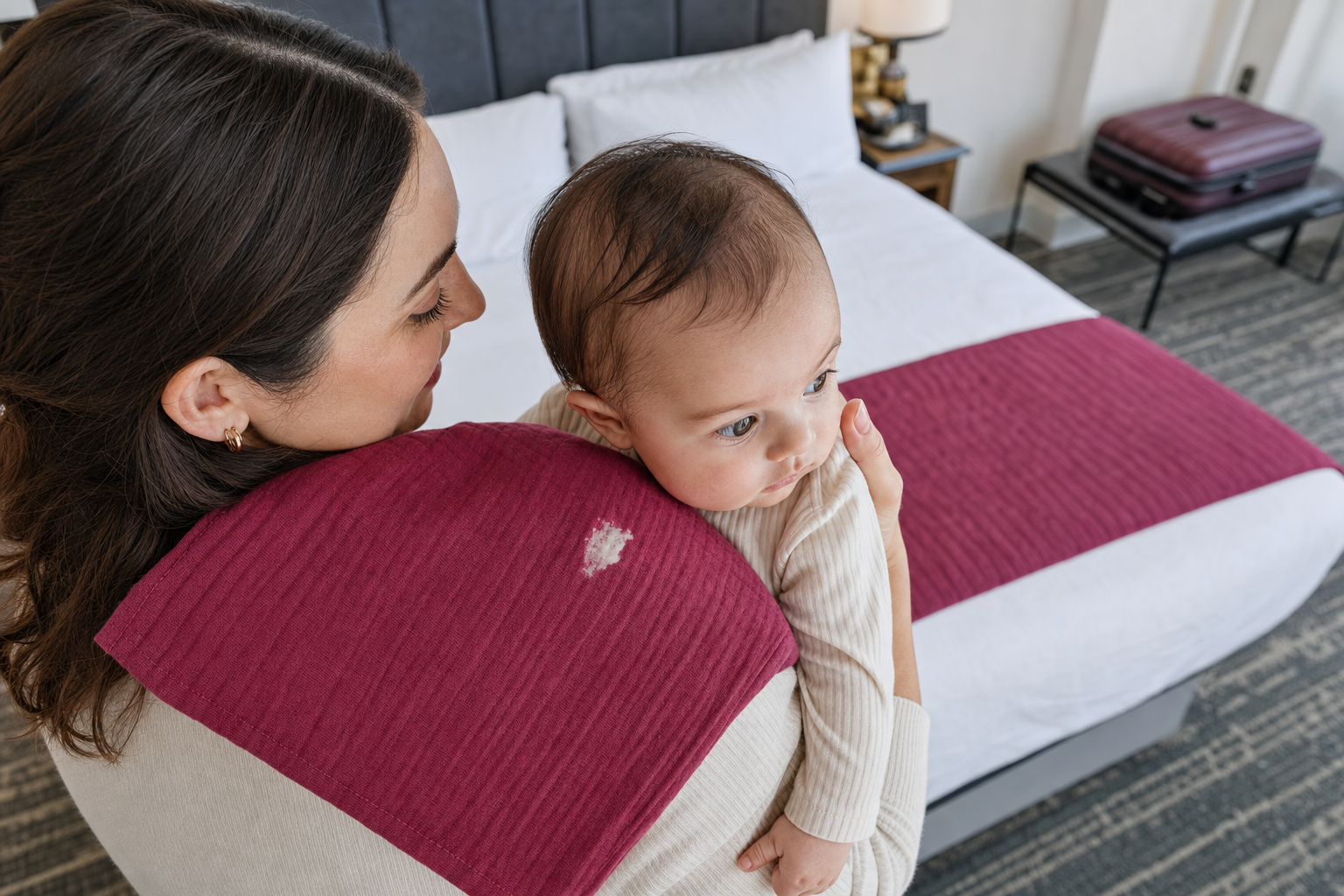 Parent holds an alert baby upright on a raspberry burp cloth in a bright hotel room.