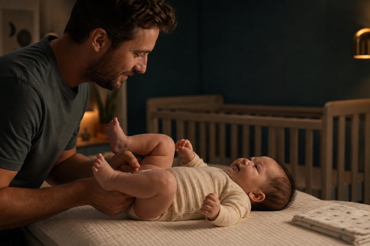 Father gently guiding an awake baby's bent legs on a changing surface in a softly lit nursery.