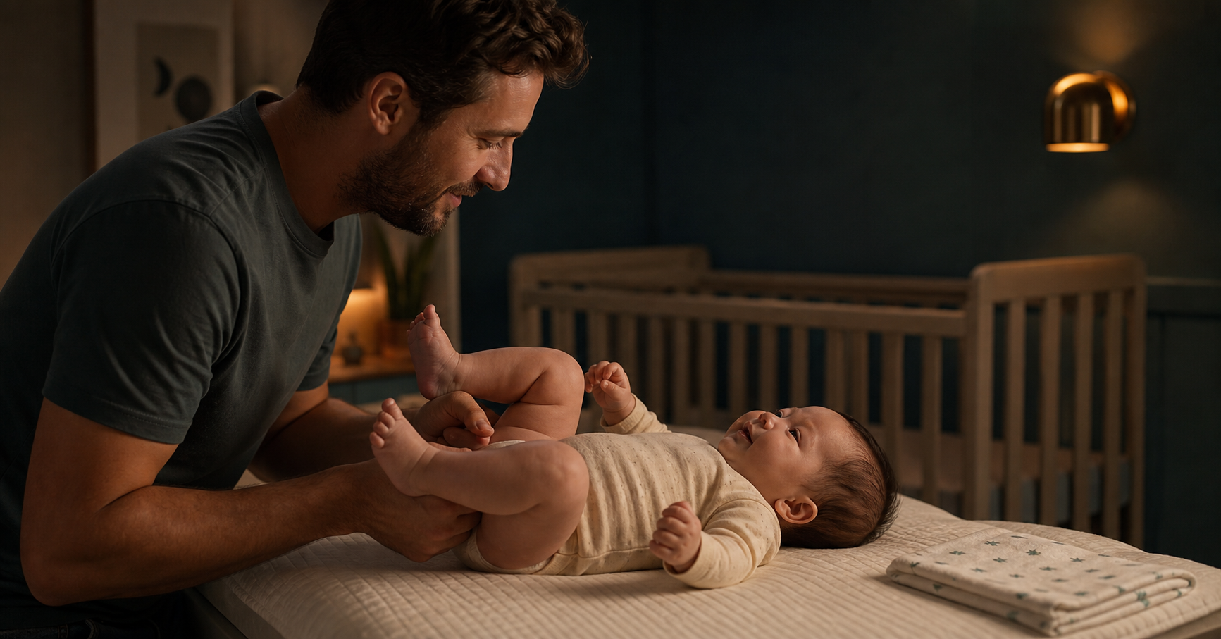Father gently guiding an awake baby's bent legs on a changing surface in a softly lit nursery.