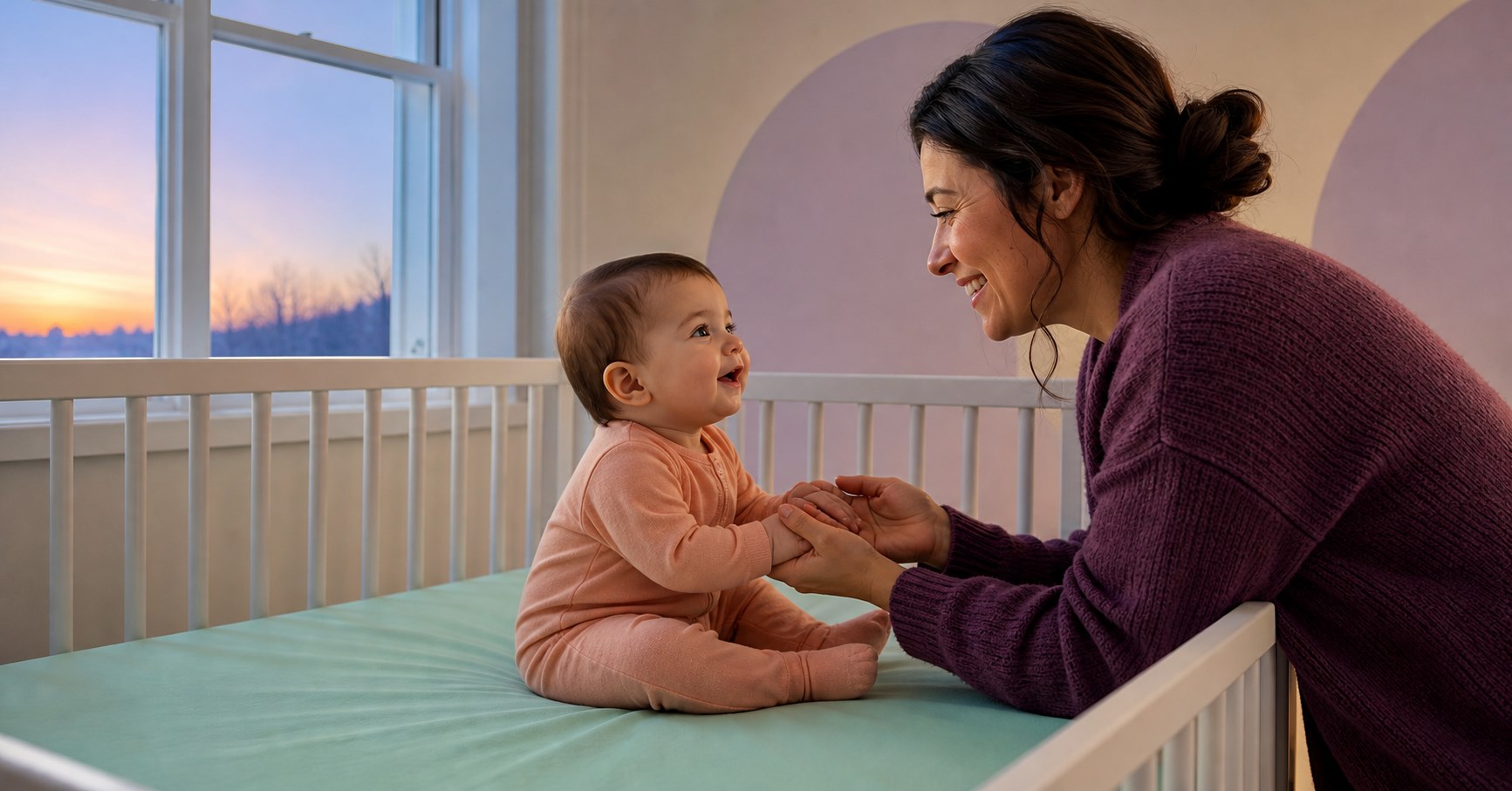 Caregiver gently warming an awake baby's bare hands beside a bare crib at cool dawn