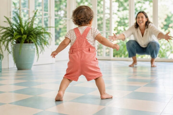 Toddler in coral overalls taking wide early steps toward a crouching parent in a bright sunroom.