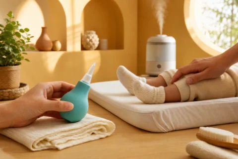 Caregiver holds a nasal bulb aspirator beside an awake baby's socked feet in a sunlit care nook.