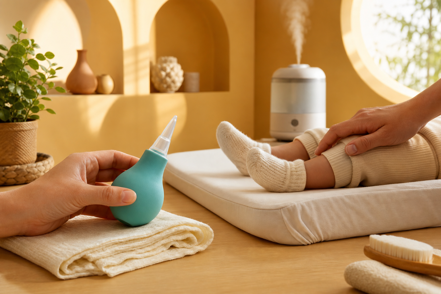 Caregiver holds a nasal bulb aspirator beside an awake baby's socked feet in a sunlit care nook.
