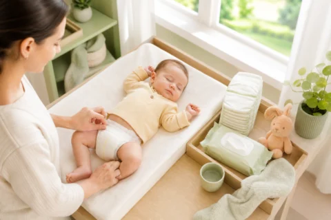 Caregiver checking a sleepy babyu2019s diaper on a changing table beside fresh wipes and diapers