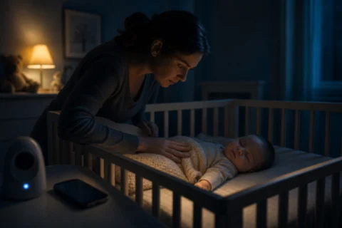 Parent leaning over a crib to check on a sleeping baby in a dim nursery.
