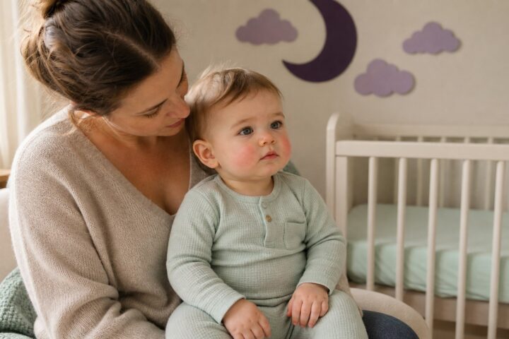 A parent calmly looks at the mildly rosy cheeks of a comfortable just-awake baby beside a bare crib.