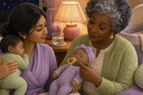 Feeding-support professional touches the corner of a training doll's mouth while a mother holds her sleepy baby upright.