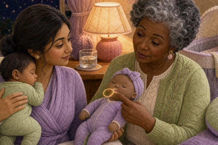 Feeding-support professional touches the corner of a training doll's mouth while a mother holds her sleepy baby upright.