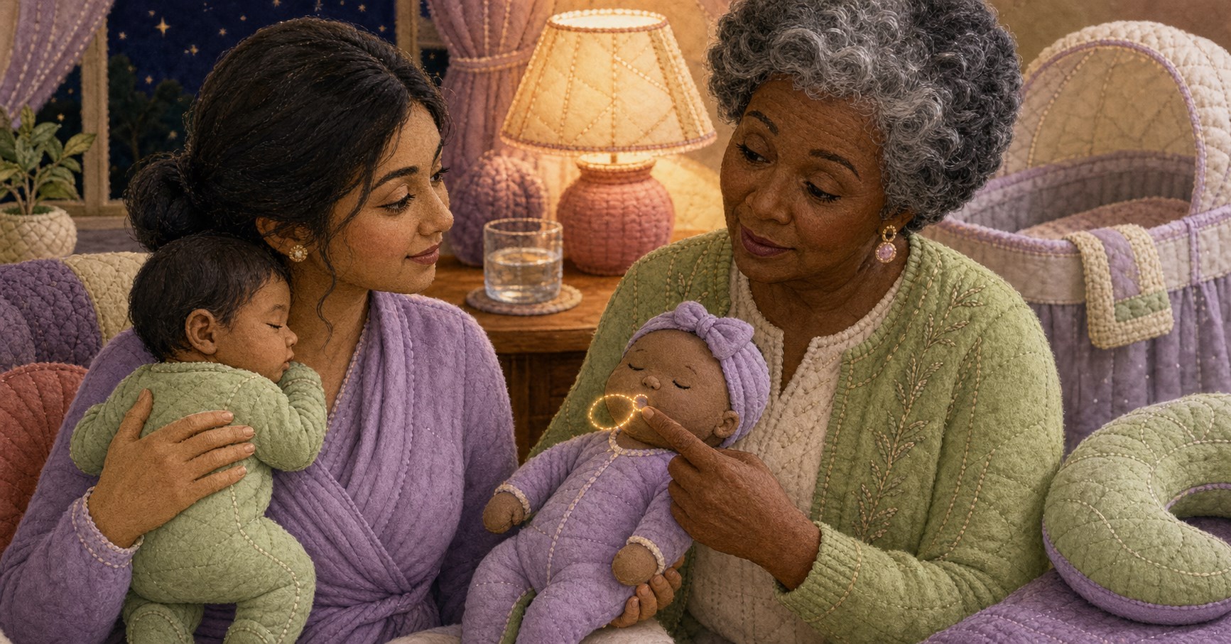 Feeding-support professional touches the corner of a training doll's mouth while a mother holds her sleepy baby upright.