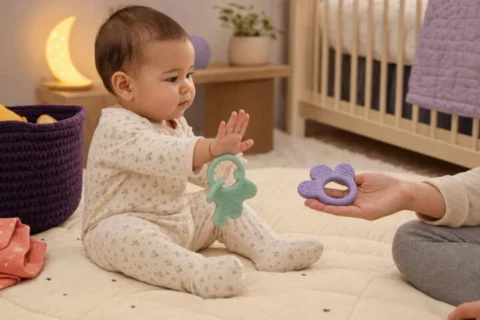 Baby in a cozy nursery choosing between large mint and lavender silicone teething toys before bedtime