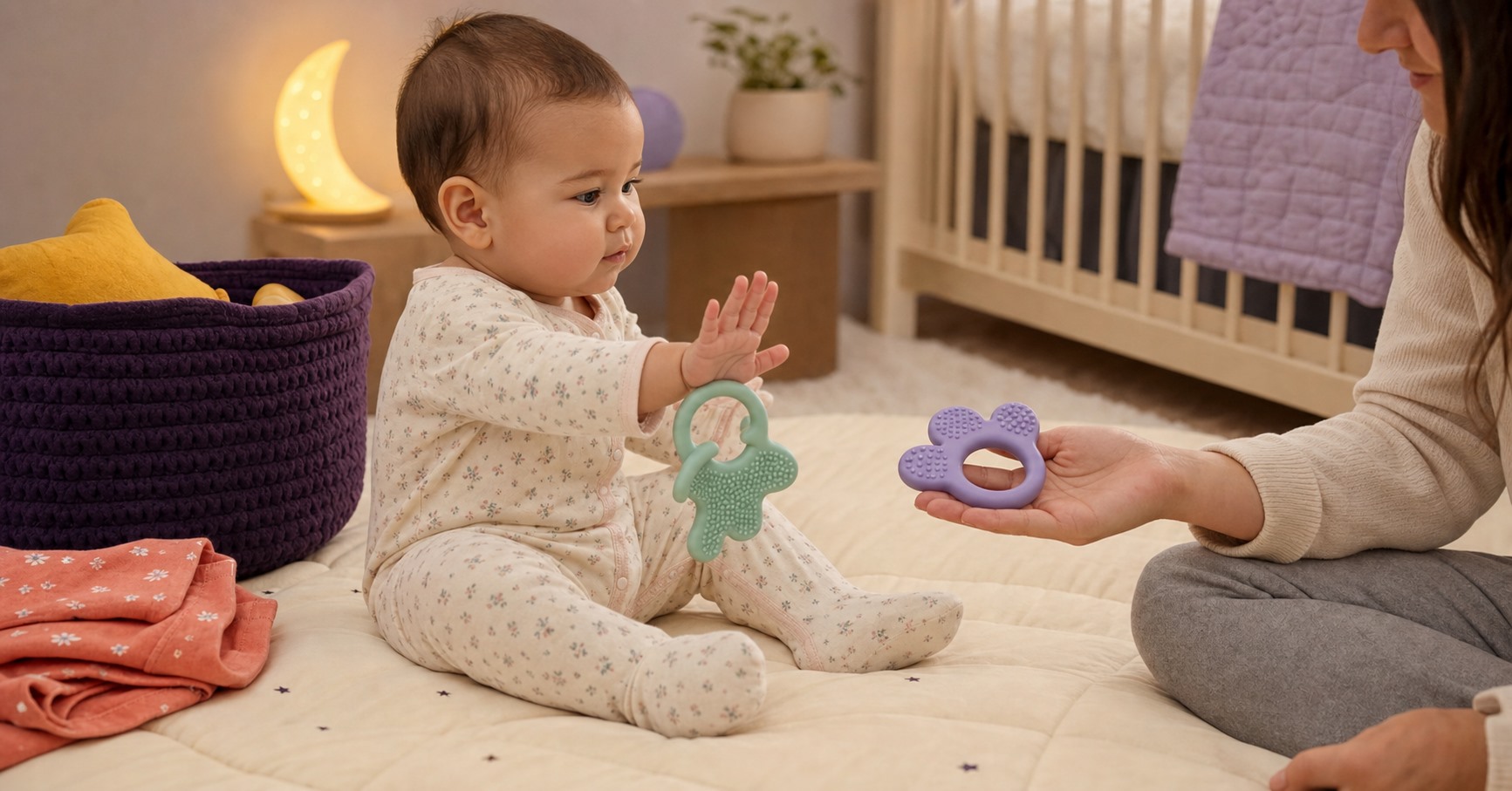 Baby in a cozy nursery choosing between large mint and lavender silicone teething toys before bedtime