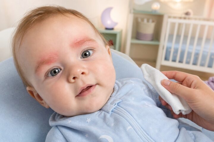 A calm baby in a blue sleep sack has mild red, dry patches across both eyebrows as a parent holds a soft cloth nearby.