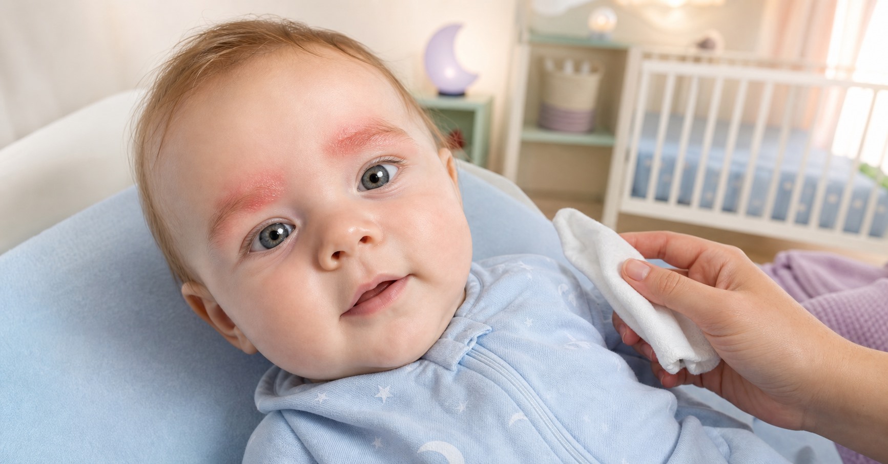 A calm baby in a blue sleep sack has mild red, dry patches across both eyebrows as a parent holds a soft cloth nearby.