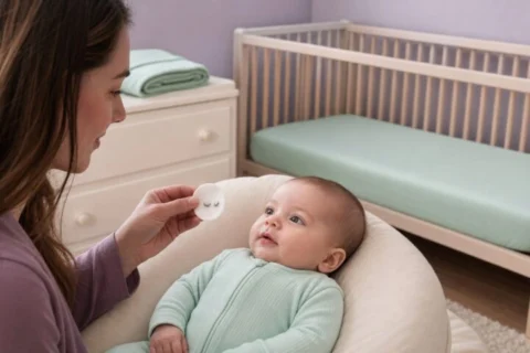 Caregiver holding a cotton pad with two loose eyelashes while calmly checking an awake baby's eyes