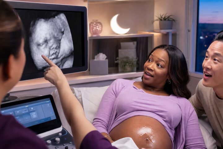 Expectant parents react with affectionate surprise as a sonographer points to a baby's grainy face on an ultrasound monitor.
