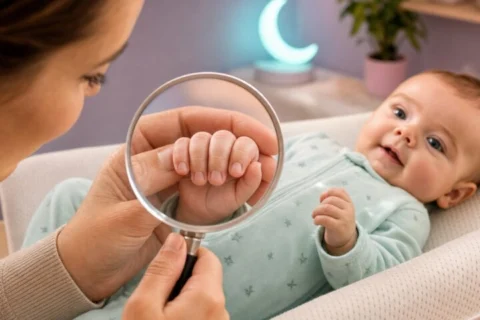 Parent examines an awake baby's short fingernails through a magnifying glass on a nursery changing mat.