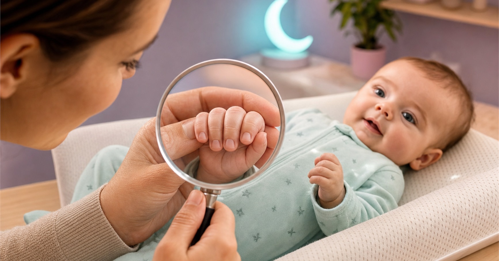 Parent examines an awake baby's short fingernails through a magnifying glass on a nursery changing mat.