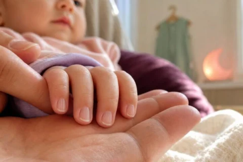 Close-up of a baby's clean fingernails with fine vertical ridges resting in a caregiver's palm